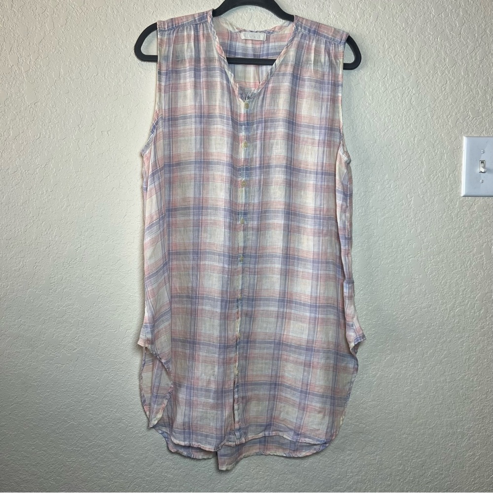 CP Shades linen pastel plaid sleeveless button down shirt tunic longline